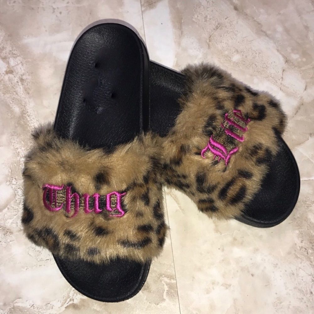 Thug life leopard fur slide